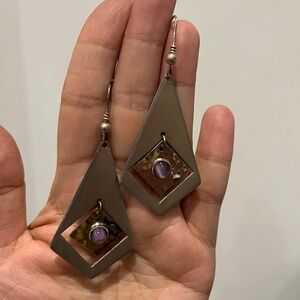 Geometric Silver Amethyst Gem Dangle Drop Earring Art Deco MCM Modernist Boho 💎